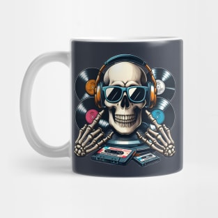 Skull head with headphones and sunglasses in a retro style. Mug